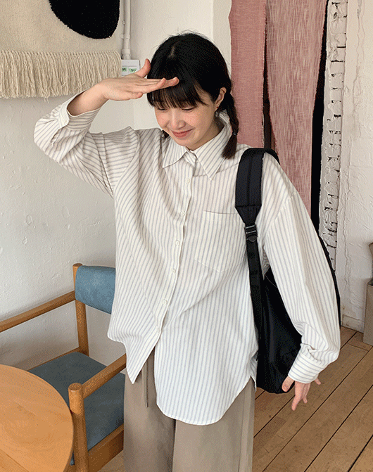라쿄 스트라이프 카라 오버 셔츠 (3color)